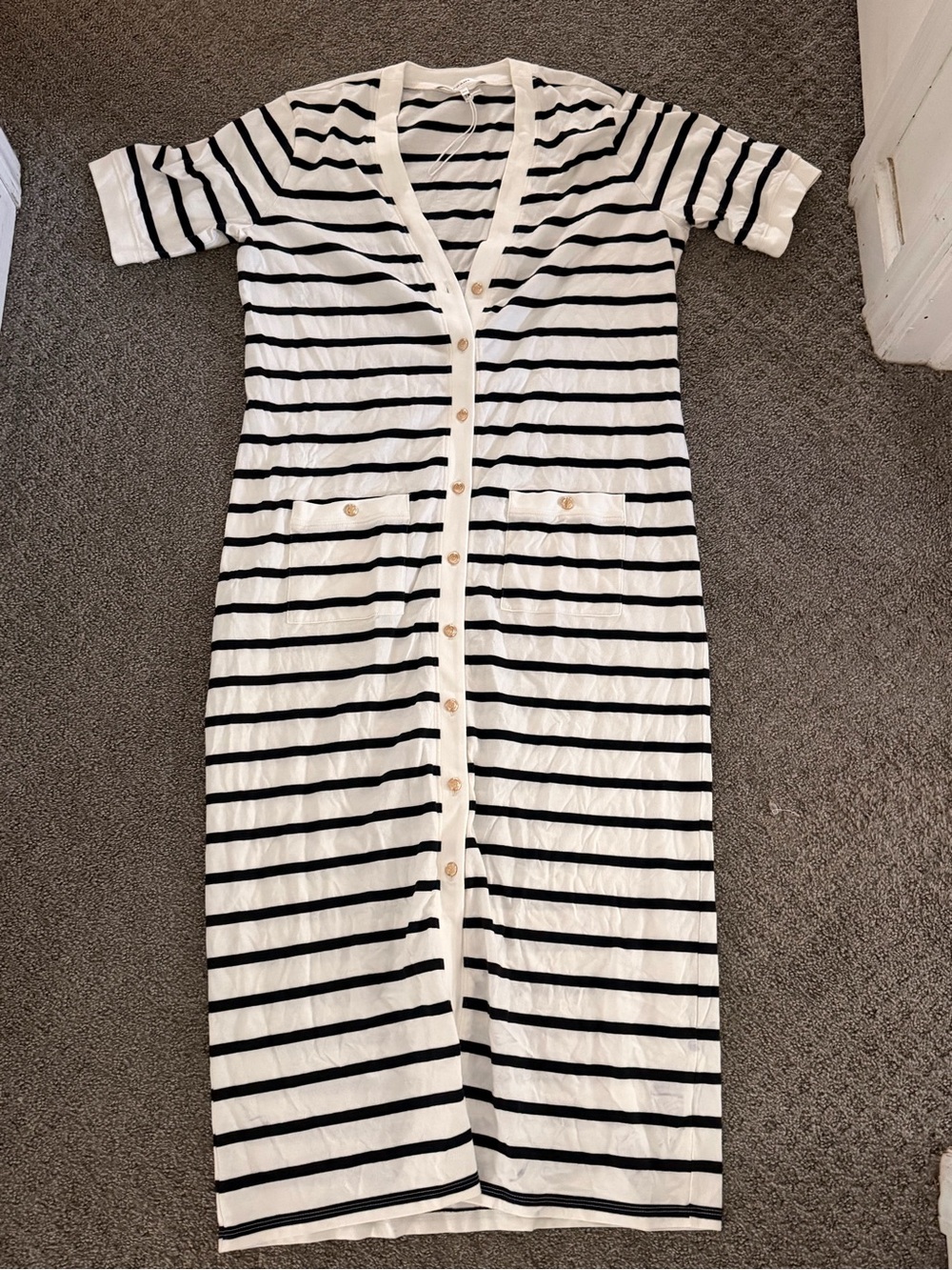 Frame Denim White and Black Striped Button-Front Midi Dress